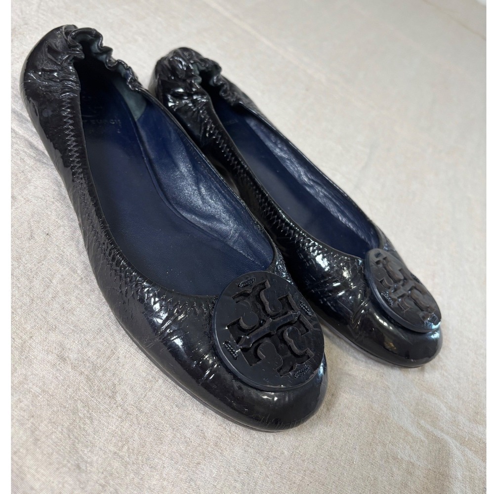 Tory Burch Womens Ballet Flats 10 Black Patent Leather Logo Classic